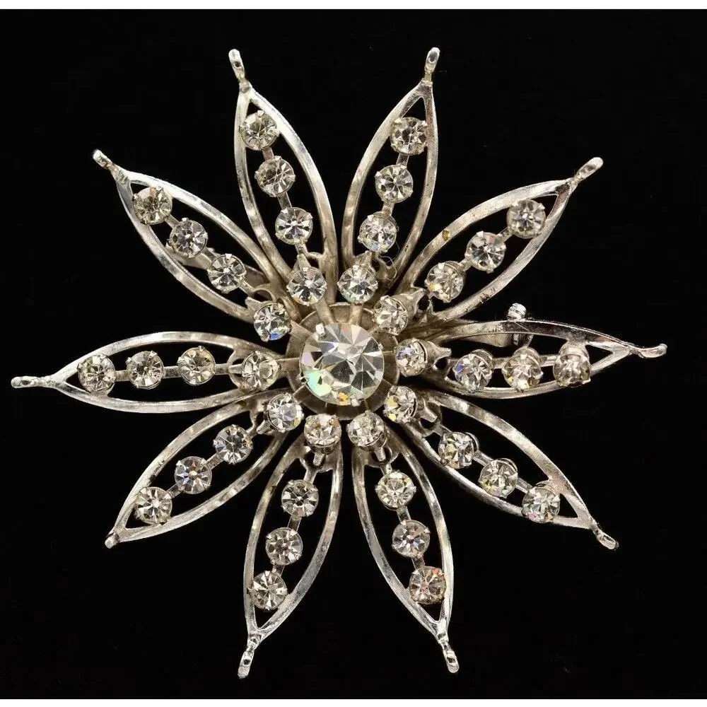 Vintage Crystal Flower Pin Brooch Baguette Prong Rhinestone Silver 1960s BinAL